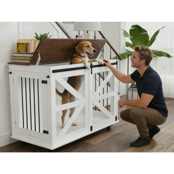 47.2" Furniture Style Double Dog Crate with Sliding Barn Door & Removable Divider