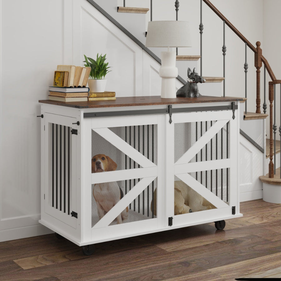 47.2" Furniture Style Double Dog Crate with Sliding Barn Door & Removable Divider